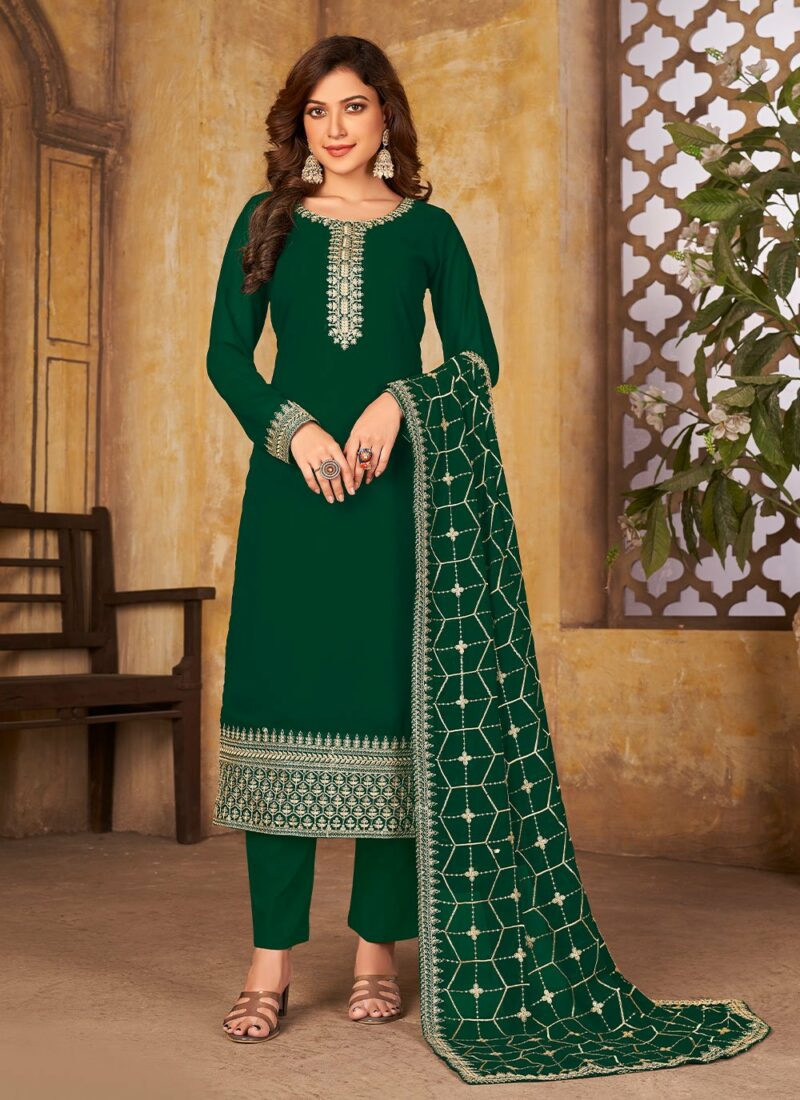 Sareetag Faux Georgette Embroidered Green Salwar Suit