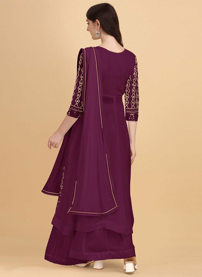 Faux Georgette Embroidered Wine Designer Palazzo Suit