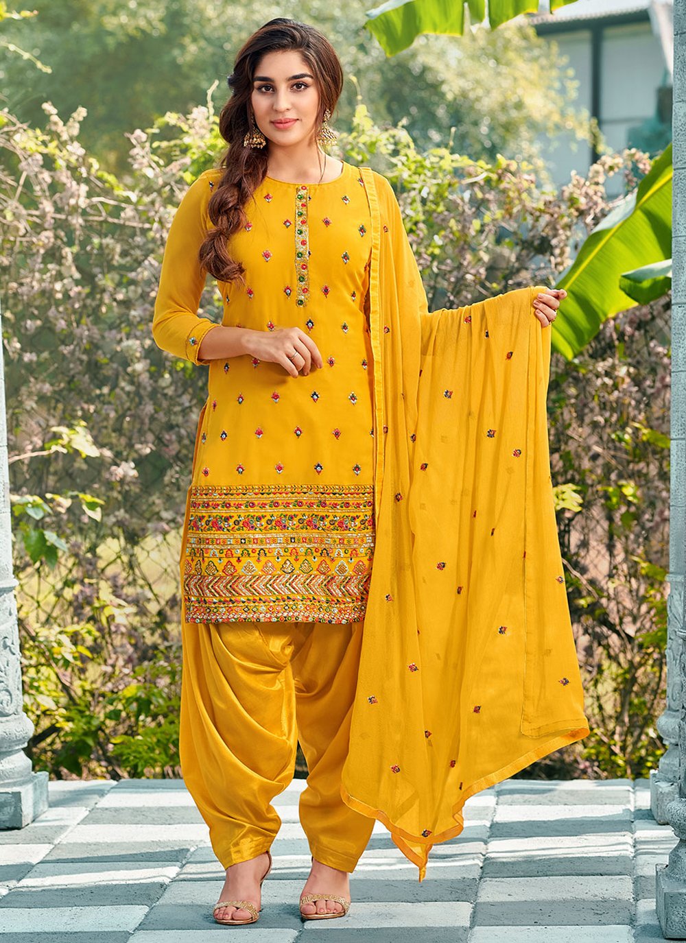 Buy Gorgeous Maroon Cotton Satin Embroidered Work Patiala Salwar Suit at  best price - Gitanjali Fashions
