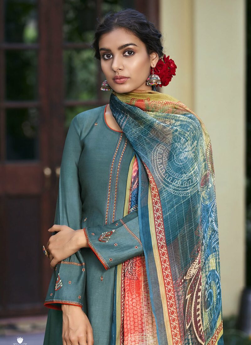 Silk Embroidered Pakistani Salwar Suit In Grey